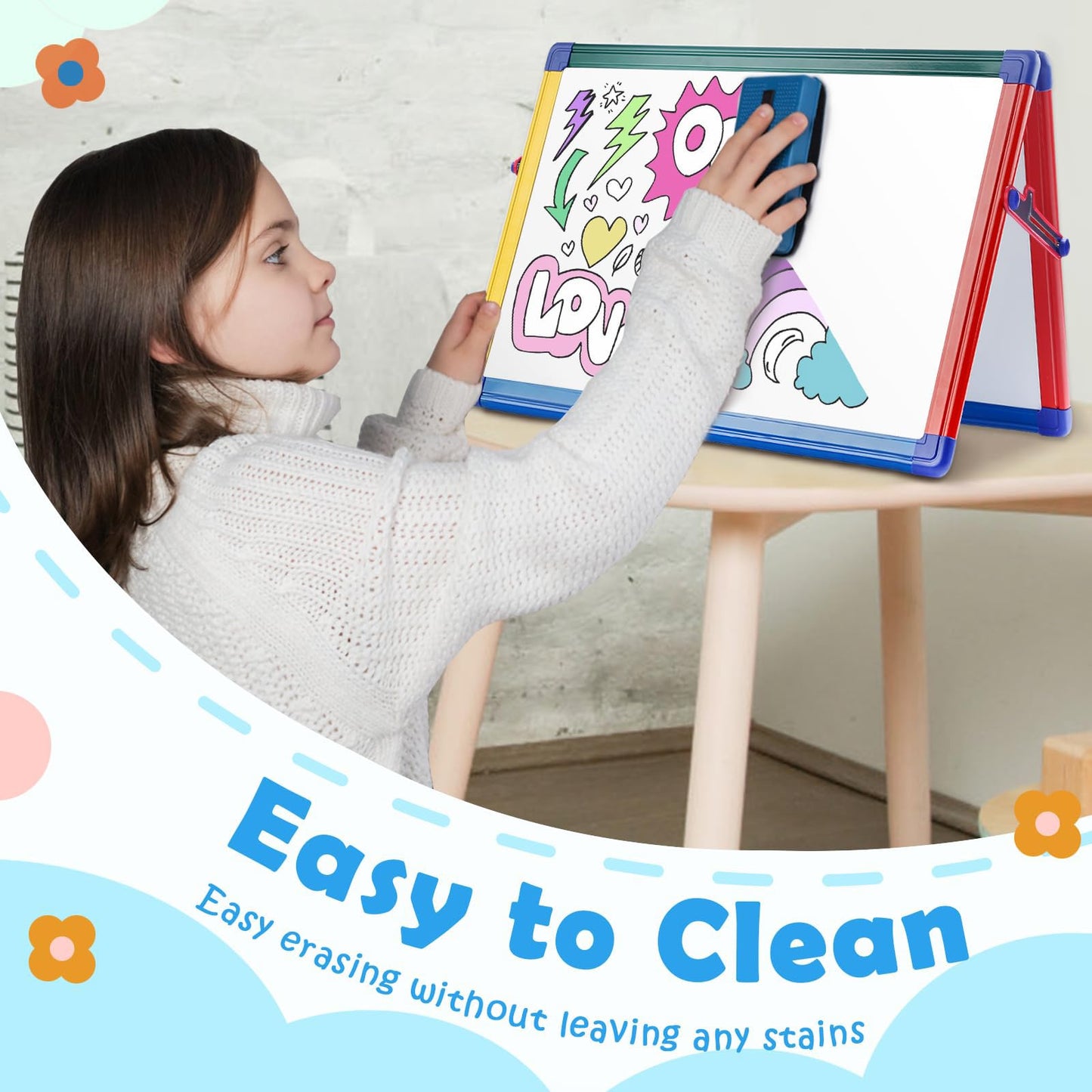 SWANCROWN Portable Dry Erase White Board for Kids, 16x12 inch Toddler Boy Girl Toys Magnetic Table top Whiteboard Small Double Sided Art Easel with 82Pcs Letter Magnets Magnetic Foldable Board