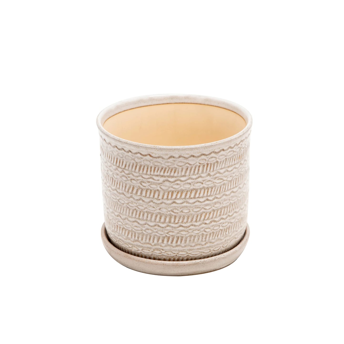 Sagebrook Home Set of 2 Stoneware Ceramic Planters with Saucers –Decorative Indoor & Outdoor Plant Pots – Modern Home & Garden Décor – Ivory & Tan Textured Tribal Design 6" & 8"