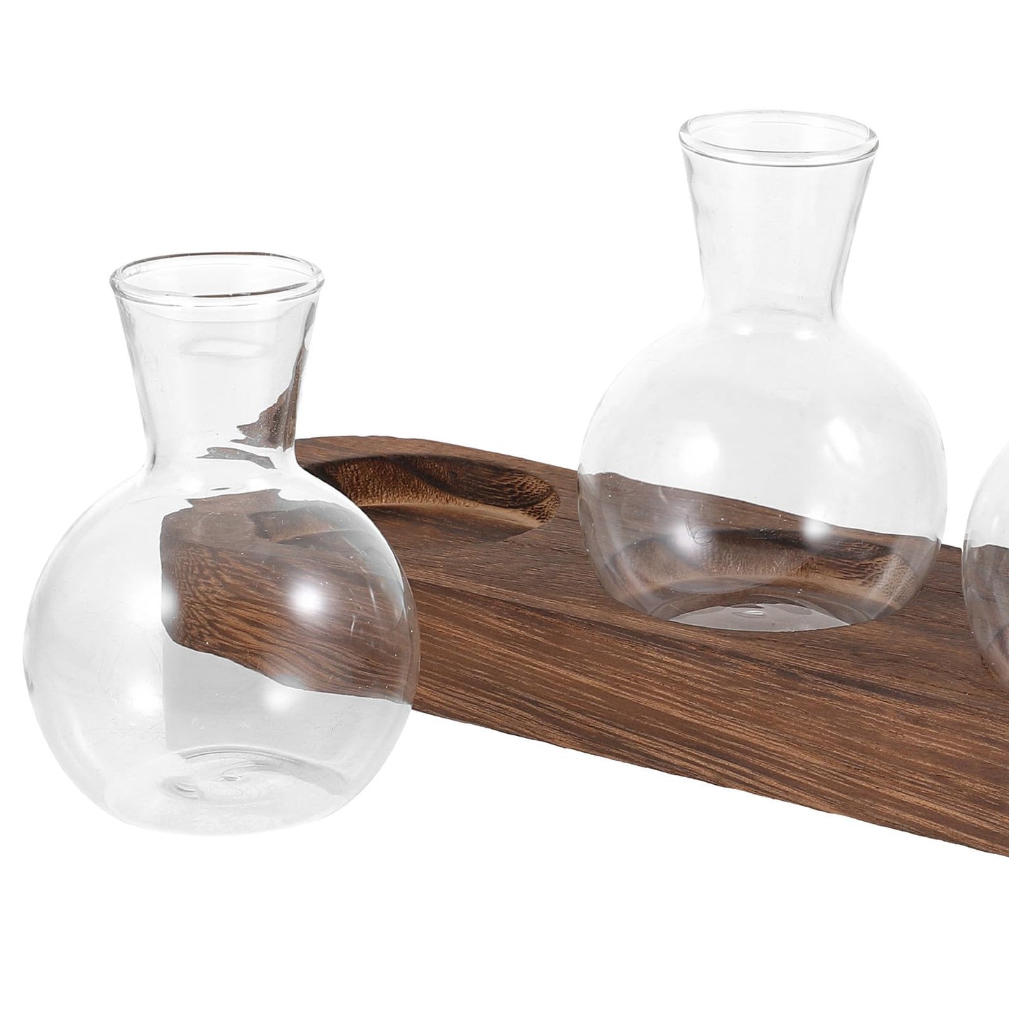 SEWCHICS Decorative Hydroponic Glass Vase Set with Wooden Base, Table Flower Vases for Indoor Plant Arrangement, Office and Home Desk Plant Terrarium, 3pcs
