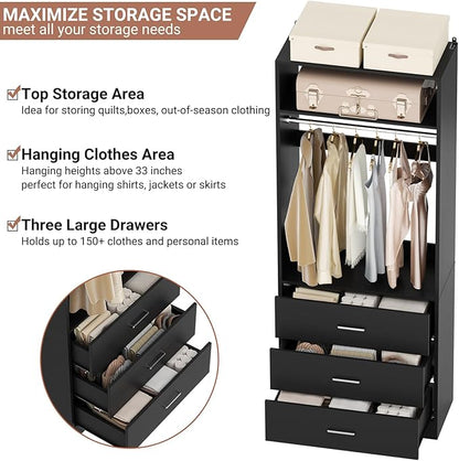 Besiost Closet System Set of 4, 8FT Closet Systems with 12 Wood Drawers, 96" Closet Organizer System with 4 Hanging Rods & 4 Shelves, Heavy Duty 96 Inch Walk-in Closet, Black (96"L x 15" W x 80" H)