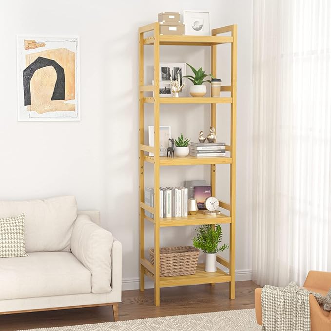 Homykic Bamboo Bookshelf, 5-Tier Narrow 55.9” Adjustable Book Shelf Bookcase