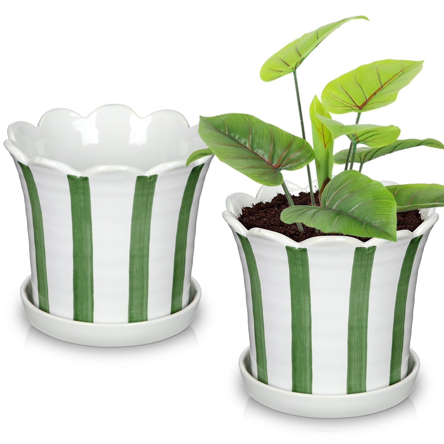 Nature Crafted Set of 2 Flower Planter, 5.8 inch Ceramic Plant Pots with Drainage Hole and Sauser, Stripe Ceramic Planters with Wavy Opening for Indoor Outdoor Home Gardening Desktop Windowsill