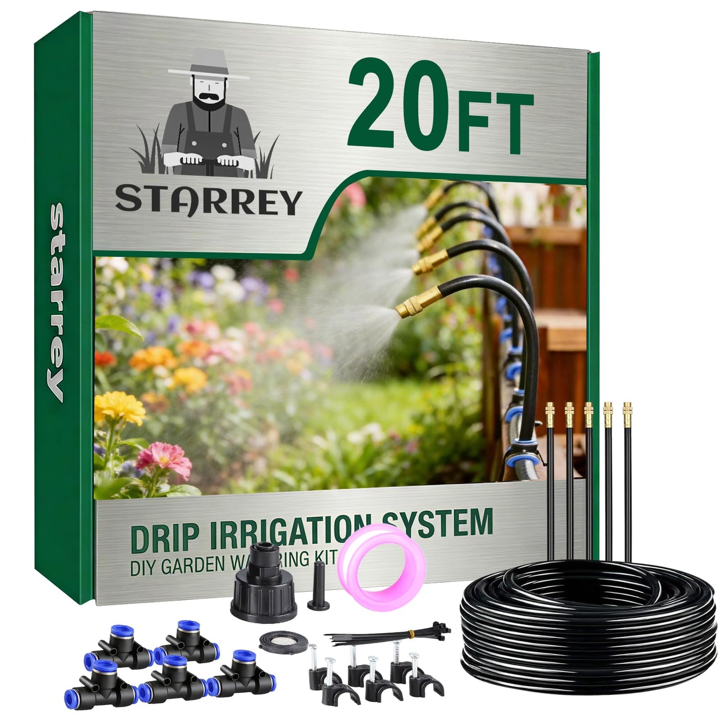 Starrey Drip Irrigation System, 2026-Upgrade 20Ft 1/4" Garden Watering System with 5 Pcs 360° Adjustable Copper Nozzles, DIY Kit for Garden, Lawn, Greenhouse, Raised Beds & Outdoor Plants
