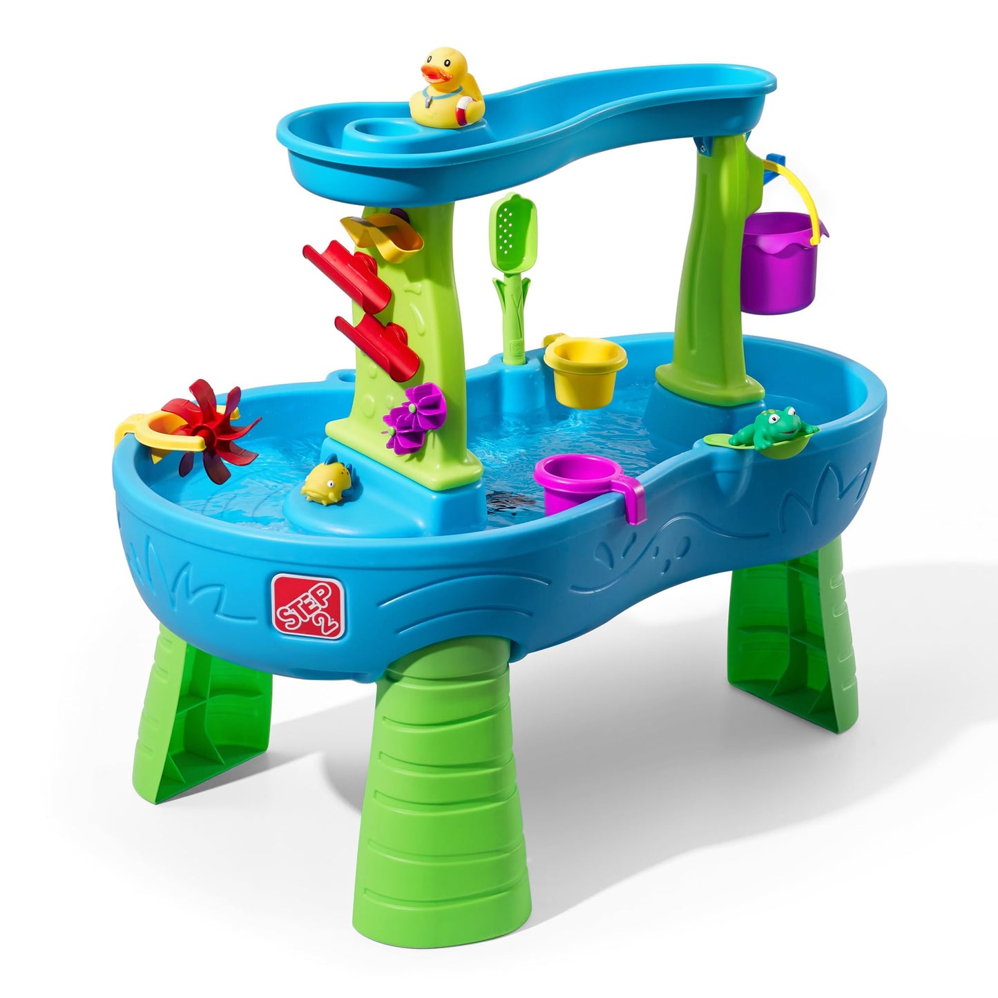 Step2 Rain Showers Splash Pond Water Table, Kids Water and Sand Activity Sensory Playset, Summer Outdoor Toys, 13 Piece Water Toy Accessories, For Toddlers 1.5+ Years Old, Blue & Green