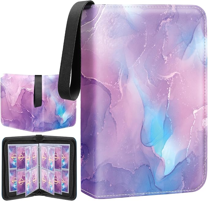 Card Binder 4 Pocket, 400 Pockets Card Holder Compatible with Game Cards Gift for Girls, Trading Card Binder Album Case Book Storage For Photocards, Small,Marble Purple