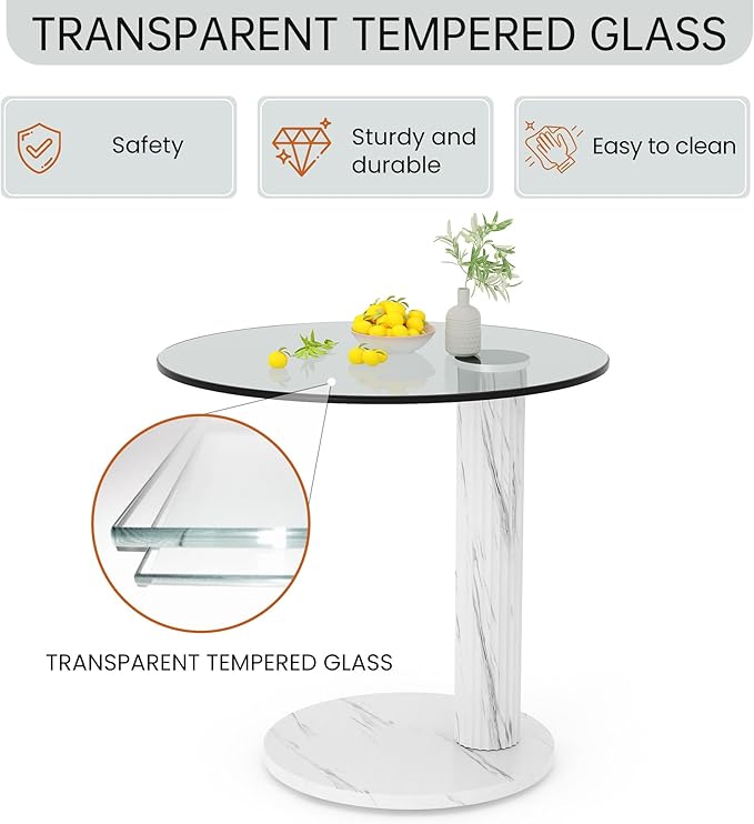 Hooseng Glass Round Coffee Table End Table, 22-Inch Modern Tempered Transparent
