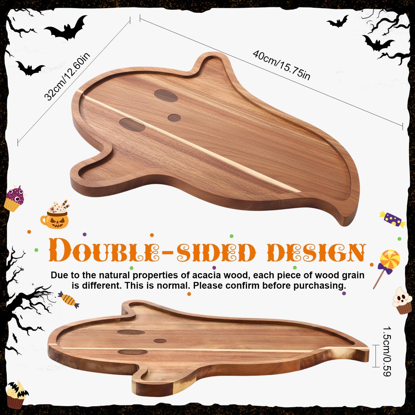 Potchen Ghost Charcuterie Boards Wooden Funny Cutting Board 12.6 x 15.7inch Acacia Wood Boards Cute Serving Tray for Fruit Bread Salad Vegetables Snack Dessert