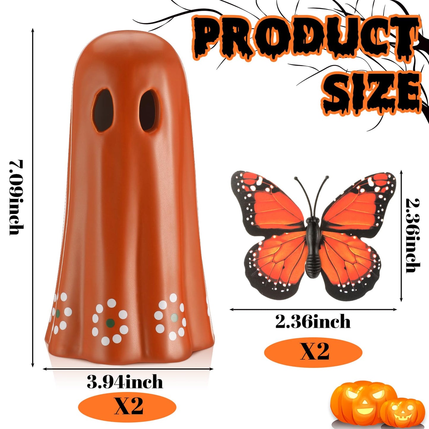 SiliFine 2 Pcs Day of The Dead Ceramic Mexican Ghost Figurine Dia De Los Muertos Terracotta Ghost Decor with Simulated Butterfly Decoration Mexican Halloween Table Decor for Home Shelf Office, 7 Inch
