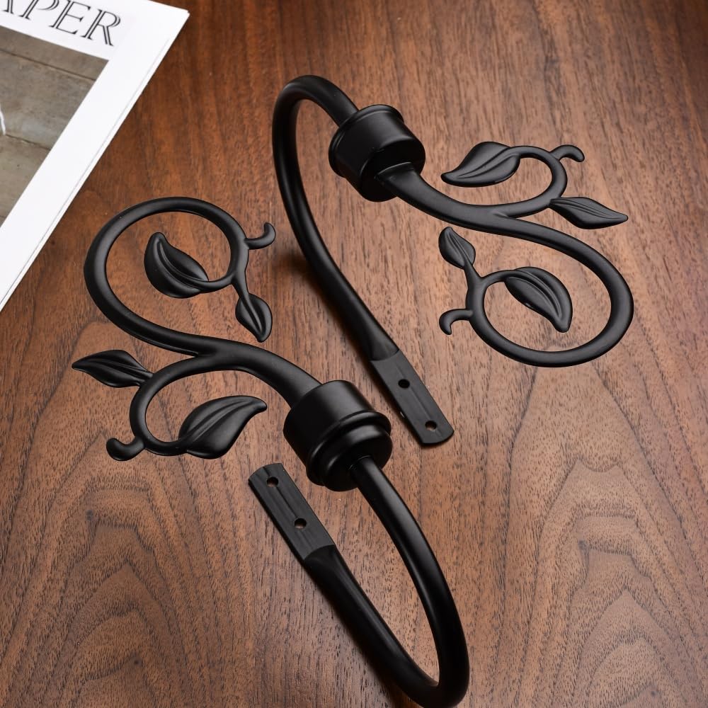 Leaf Shaped Curtain Holdbacks 2pcs, Handmade Metal Curtain Side Holders for Wall, Antique Brass Curtain Tieback Hook Pull Backs for Drapes Window Home Decoration (Black)