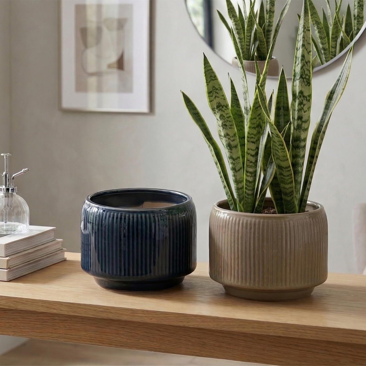 Sin wings 6 Inch Ribbed Ceramic Planter Set, Shallow Round Flower Pot with Drainage Hole, Modern Glazed Indoor Plant Pot for Fern Succulent Small Houseplant Desktop Windowsill Home Decor, 2 Pack