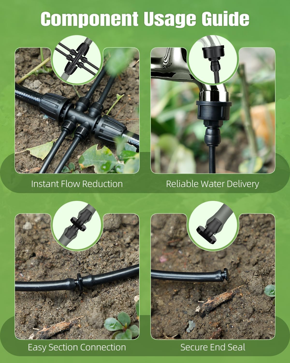 Pawfly 100 ft 1/4 Drip Irrigation Tubing, 1/4" Emitter Tubing with 6" Spacing, Polyethylene Drip Line with 12 Parts, Black Distribution Tubing for Drip Irrigation System, Drip Irrigation Hose Roll