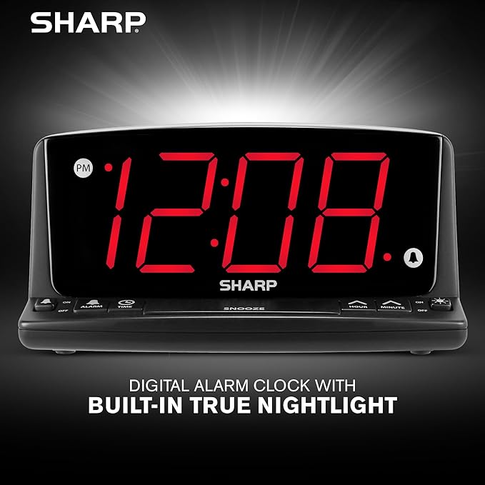 Sharp Digital Alarm Clock, 1.8" Red LED, Night Light, Loud Alarm, Black | Front keyboard controls, 9-minute snooze, AC powered, 9V settings backup, across-room viewing, bedroom, nursery, bathroom