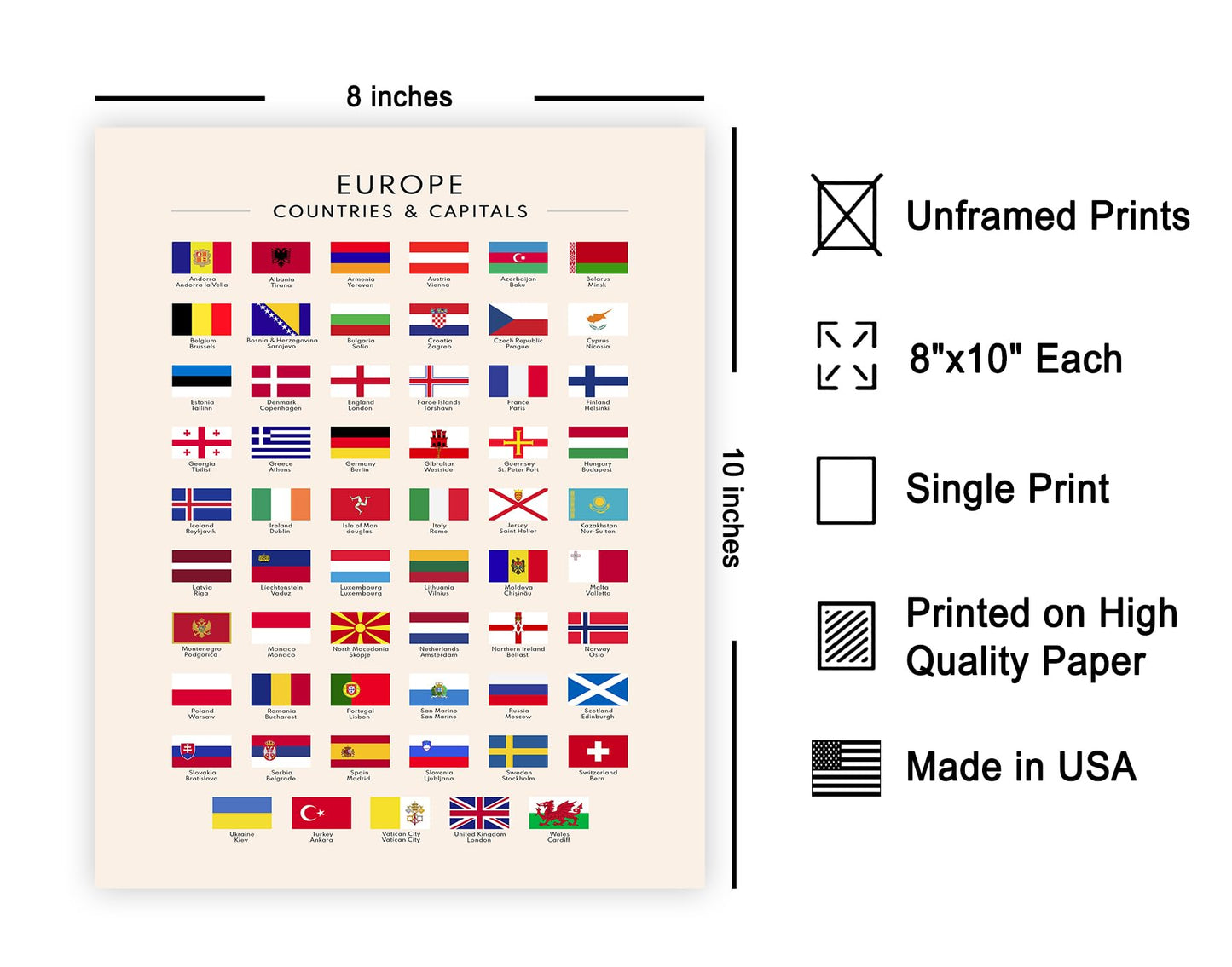 Poster Master Flags of Europe Poster - European Countries & Capitals Print - Learning Materials Art - Gift for Student & Teacher - Wall Decor for School, Classroom or Library - 8x10 UNFRAMED Wall Art