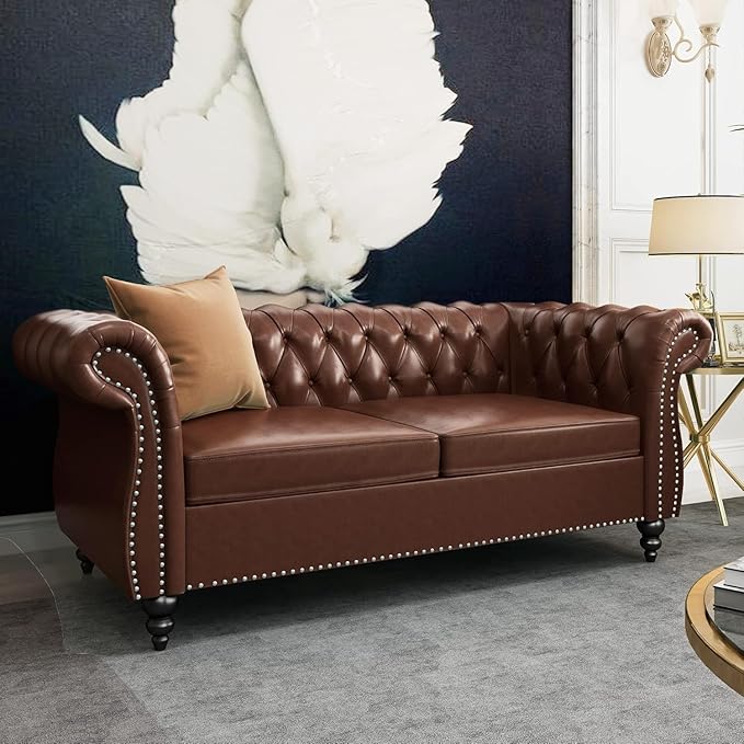 Mid-Century 2 Seater Sofa, Faux Leather Loveseat