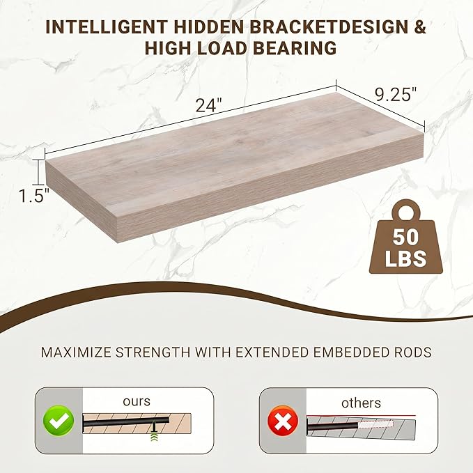 Acovy 24 Inch Floating Shelves, 3D Textured Wood Grain, Wooden Shelves