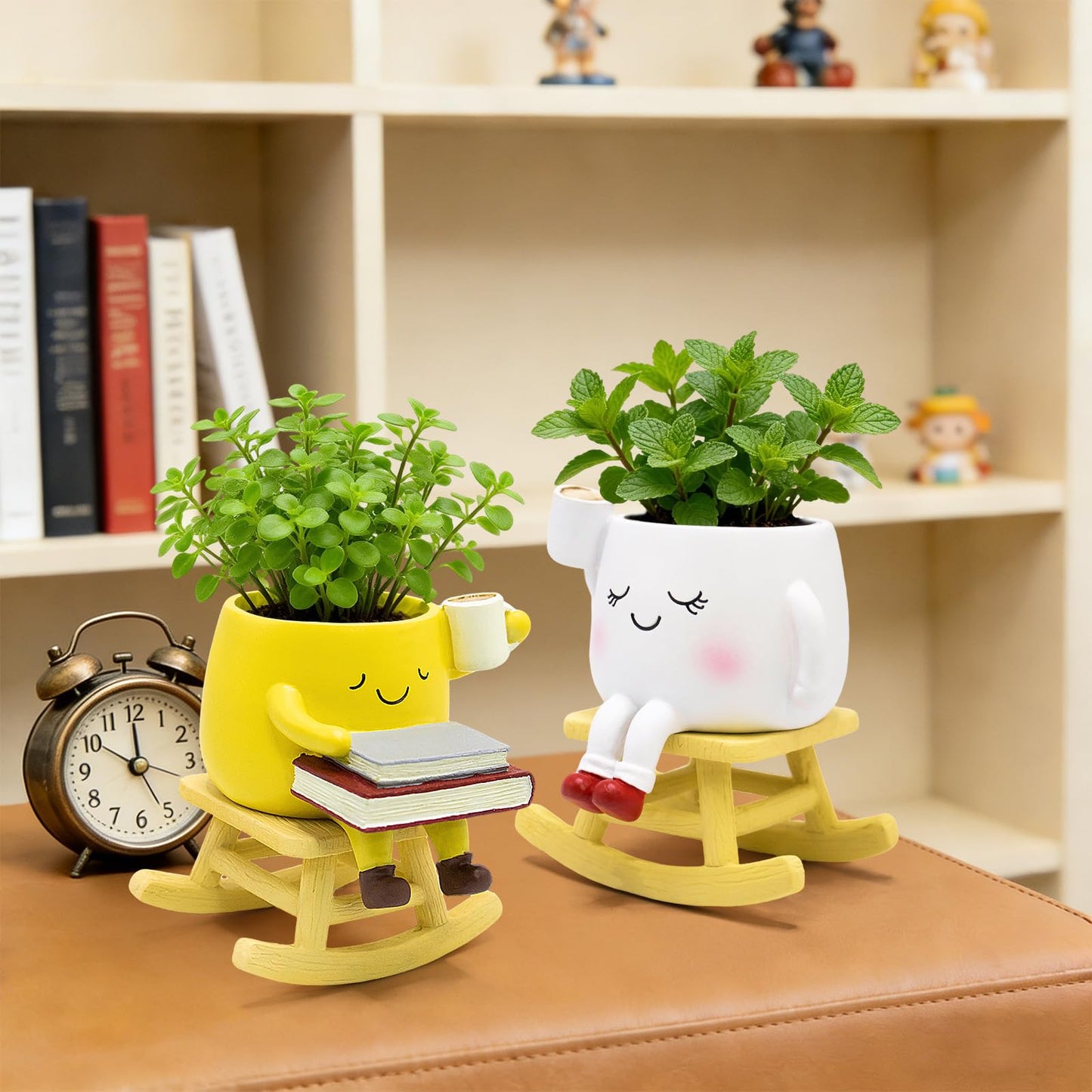 YOUOIVIA Rocking Chair Face Planter, Cute Coffee Plant Pots for Indoor Outdoor, Resin Funny Planter with Drainage, Unique Cactus Succulents Flower Pot, Desk Plant Table Top Decor, Home Gifts (White)