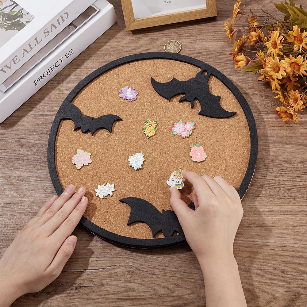 BENECREAT Round Cork Boards, Bats Pin Display Board, 11.8x0.7inch Bulletin Board Brooch Jewelry Display Cork Tray for Brooch Pin Storage, Halloween Decor
