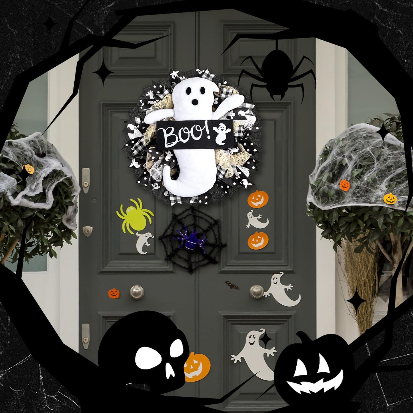 16 Inch Halloween Ghost Wreath Burlap Wreath with Ghost Doll Artificial Hanging Garland for Halloween Decorations Indoor Outdoor Party Supplies