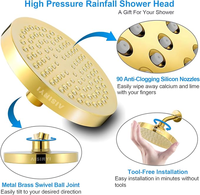 High Pressure Rainfall Shower Head, 6 Inches Luxury Modern Showerhead with Perfect Adjustable Replacement, Removable Restrictor, Easy Installation for Your Bathroom Shower Heads (Deluxe Gold)
