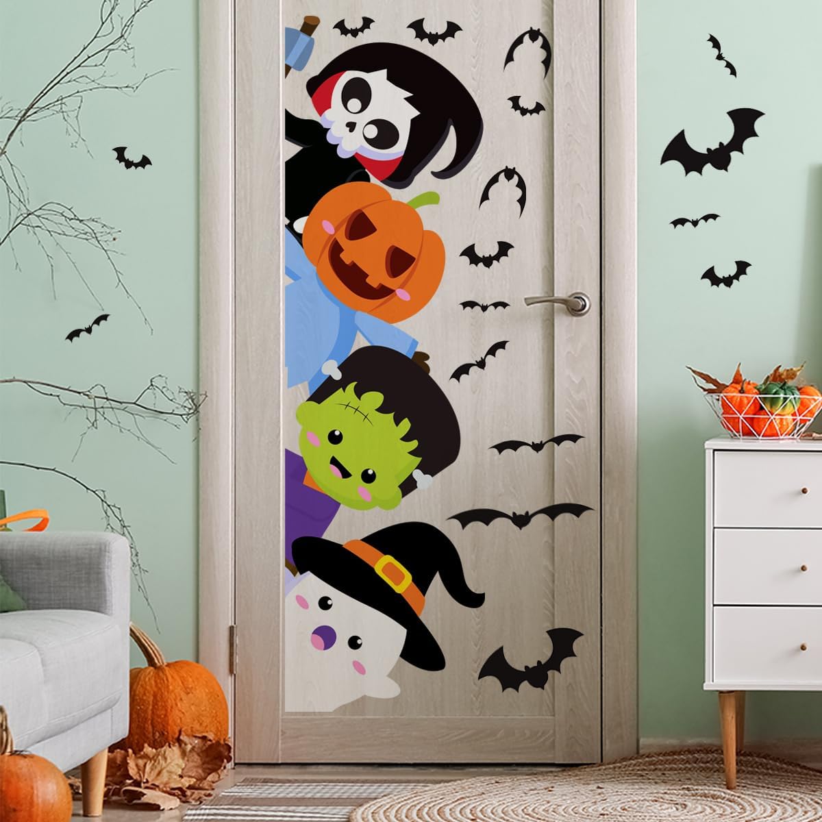 44.88 x 15.75 Inch Halloween Door Sticker Cute Halloween Pumpkin Demon Expression Ghost Green Monster Door Decal for Window Wall Party Decoration
