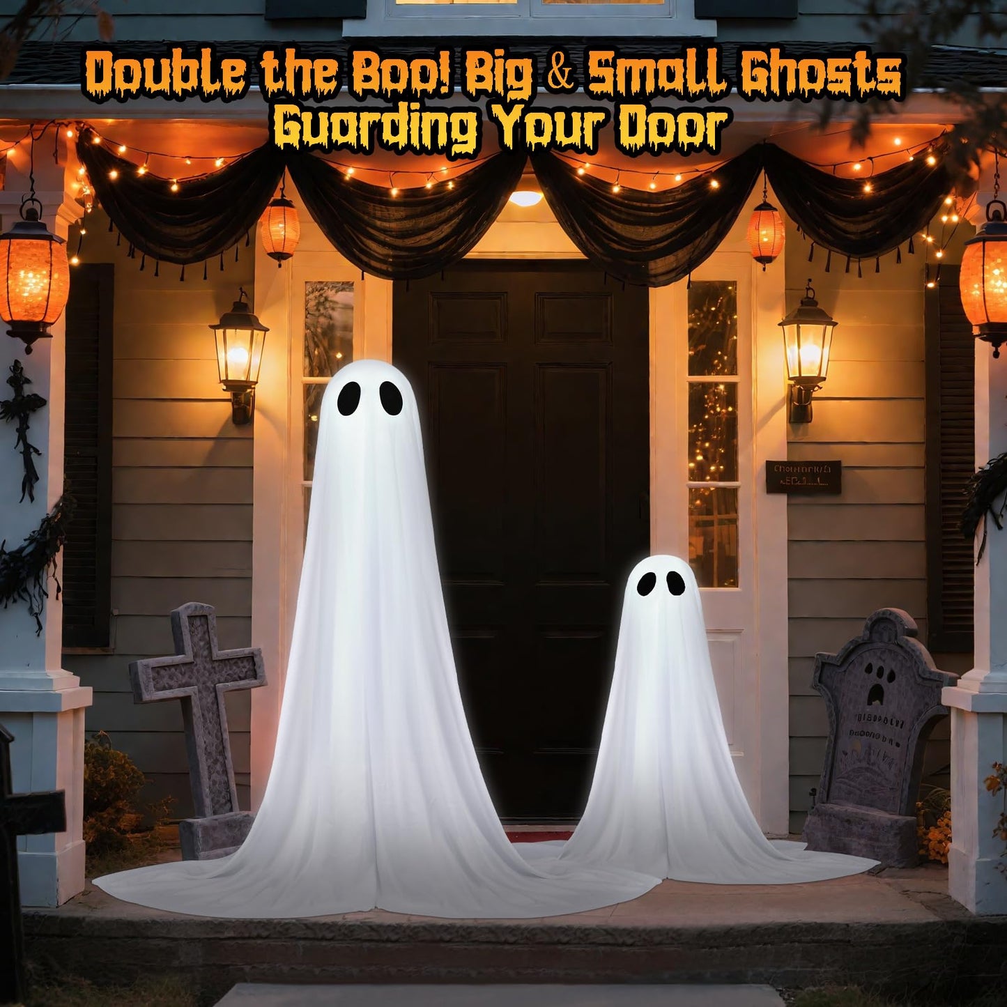 2 Pack Halloween Ghosts Outdoor Spooky Ghost Decorations Outside 36'' & 18'' Tall White Light Timer Function Standing Scary Light Up Ghost Kit for Porch, Courtyard, Party, Haunted Houses (White)