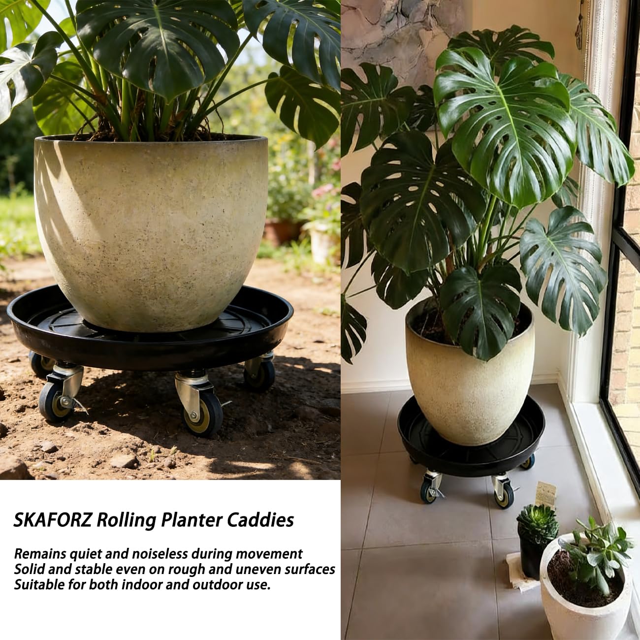 SKAFORZ Rolling Planter Caddy(470lbs Capacity), Heavy Duty Metal Plant Stand with Brake Wheels Plant Dolly Mover Plant Pot Tray Saucer for Indoor Outdoor 18 Inches Black