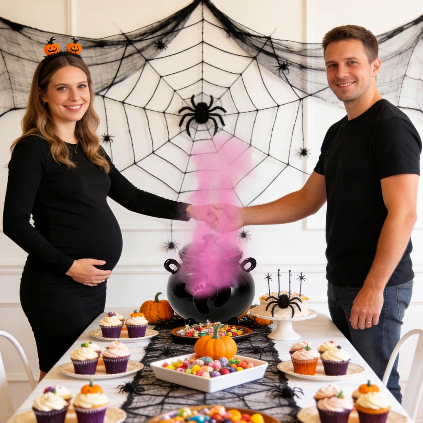 JarThenaAMCS Halloween Gender Reveal Party Decoration Black Witch Cauldron Baby Shower Table Centerpieces He or She Resin Footprint Cauldron with Lid for Birthday Party Supplies