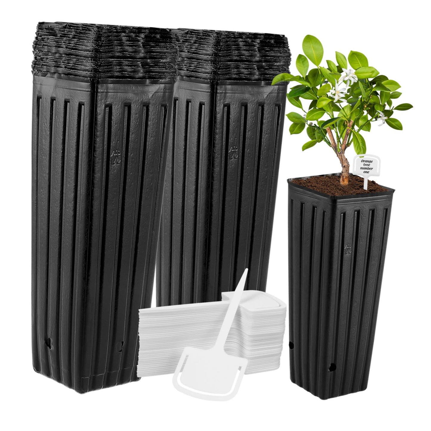 Yardwe 60 Pcs Tree Pots, 11.41" Tall Plastic Plant Nursery Containers with Plant Labels, Black Seedling Pots for Indoor Outdoor Gardening