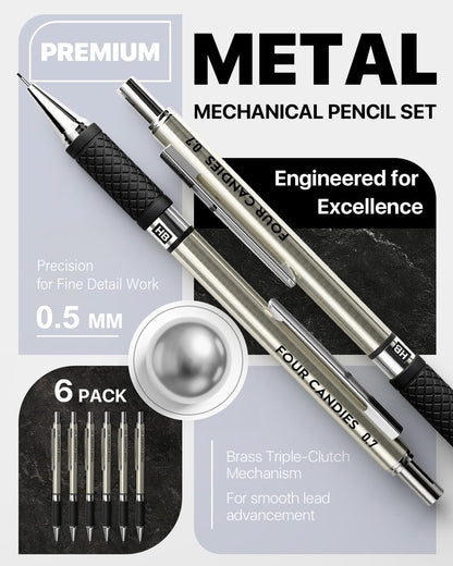 Four Candies Metal Mechanical Pencil Set - 6PCS 0.5mm Art Mechanical Pencils & 360PCS HB Lead Refills & 3PCS Erasers & 9PCS Eraser Refills, Drawing Mechanical Pencils for Writing, Sketching-With Case