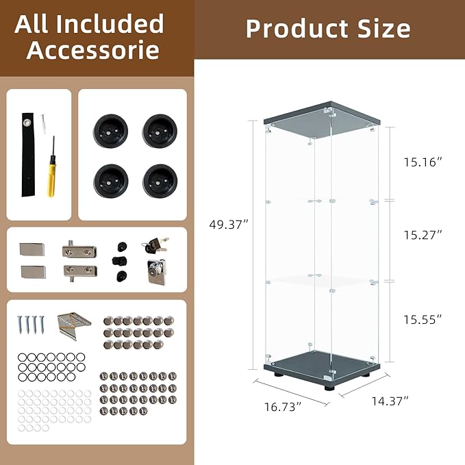 Display Cabinet with Glass Door and Lock, 3-Shelf Fast Installation Curio