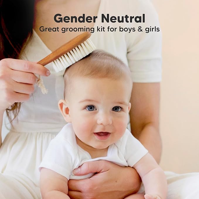 Baby Hair Brush Set for Newborns - Soft Goat Bristle Wooden Baby Brush and Comb Set Newborn Grooming Kit for Cradle Cap, Durable & Gentle, Boy, Girl Infant Essentials Care Kit (Regular, Golden Oak)