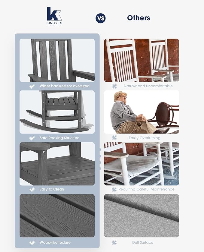 KINGYES Oversized Outdoor Rocking Chair, All-Weather Patio Rocking Chairs