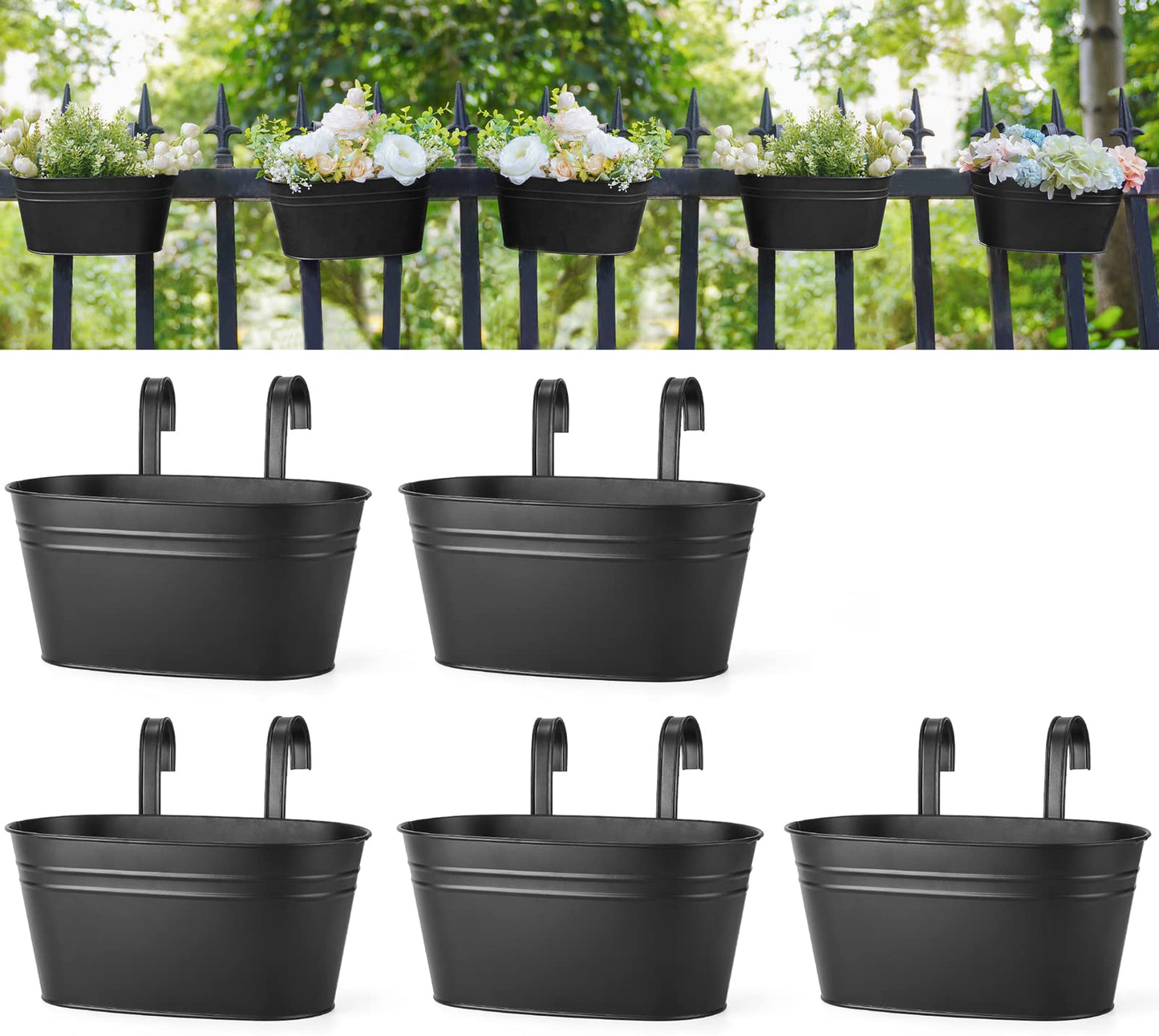 Dahey 10.5 Inch Metal Iron Hanging Flower Pots for Railing Fence Hanging Bucket Pots Countryside Style Window Flower Plant Holder with Detachable Hooks Home Decor,Black,5 Pcs