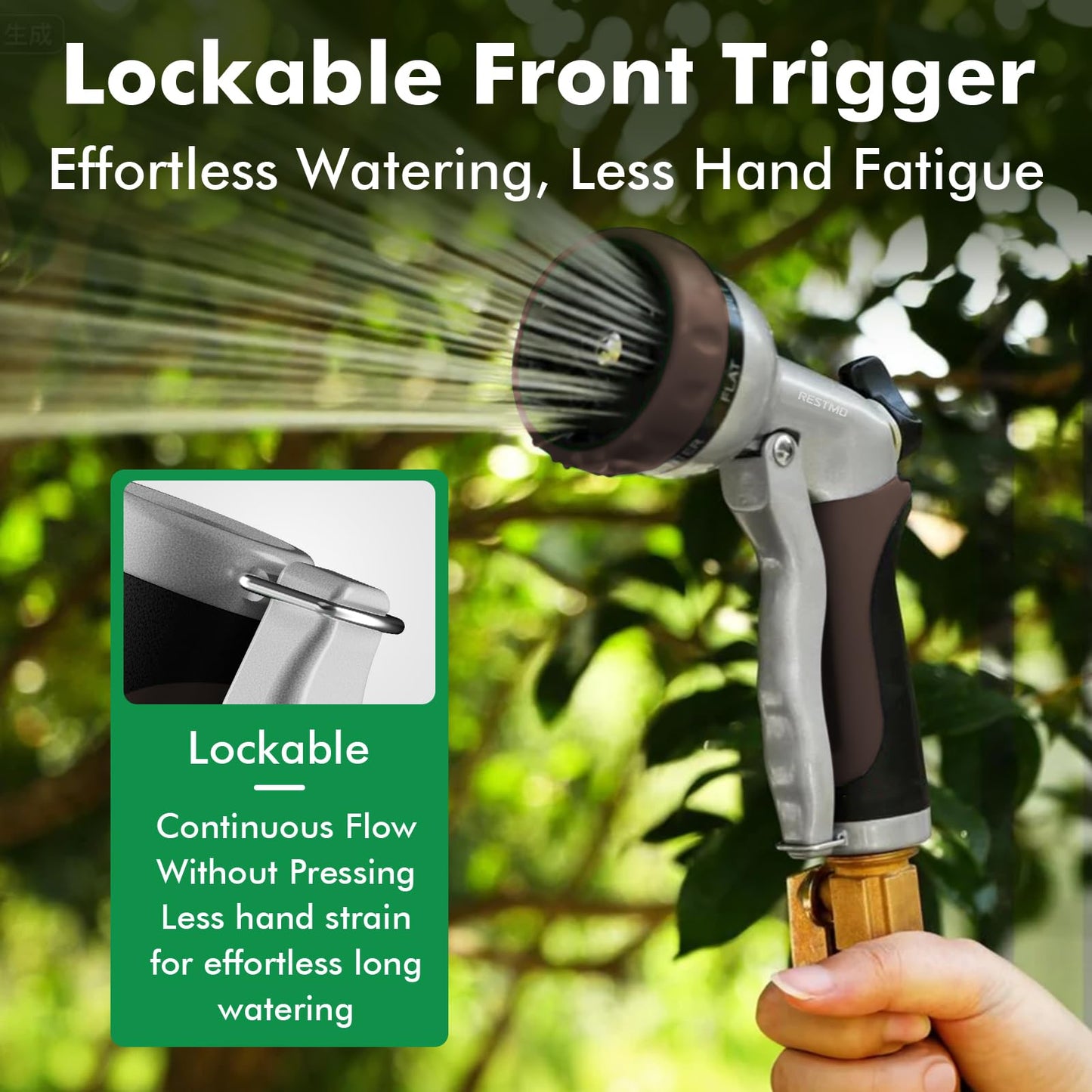 RESTMO Garden Hose Nozzle, Heavy Duty Metal Water Hose Nozzle with 7 Adjustable Spray Patterns, High Pressure Hand Sprayer with Flow Control, Best for Watering Plant & Lawn, Washing Car & Pet, Brown