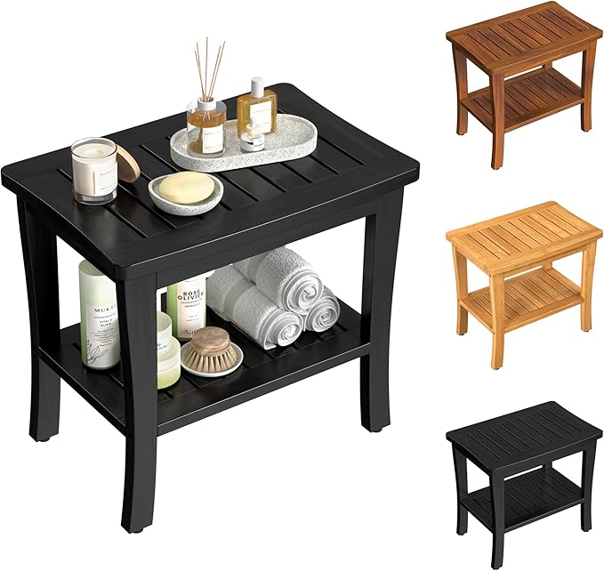 Extra Bamboo Black Shower Bench Stool Waterproof Shower Chair Spa Bath Seat