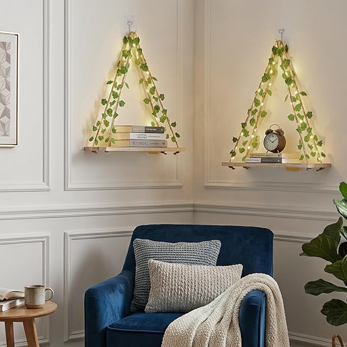 RICHER HOUSE Artificial Ivy LED-Strip Wall Hanging Shelves, Macrame Shelf