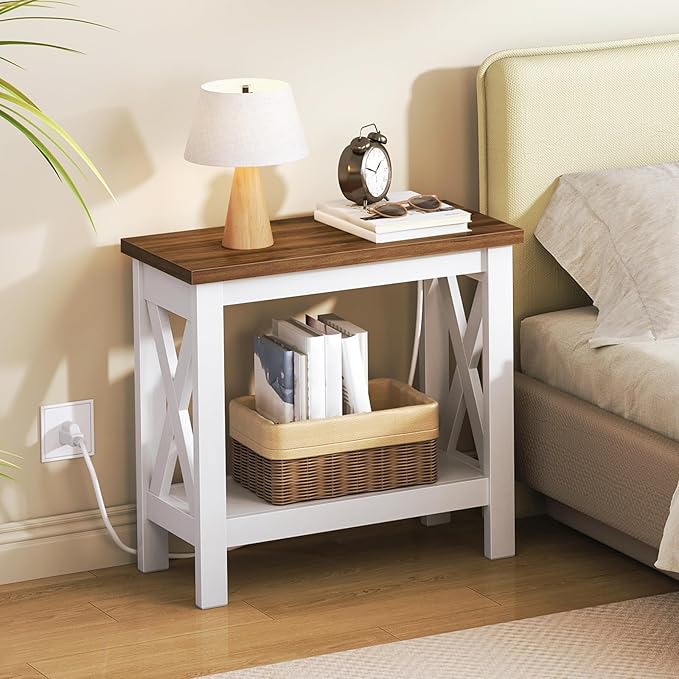 HOOBRO End Table with Charging Station, Farmhouse Narrow Side Table, 2-Tier
