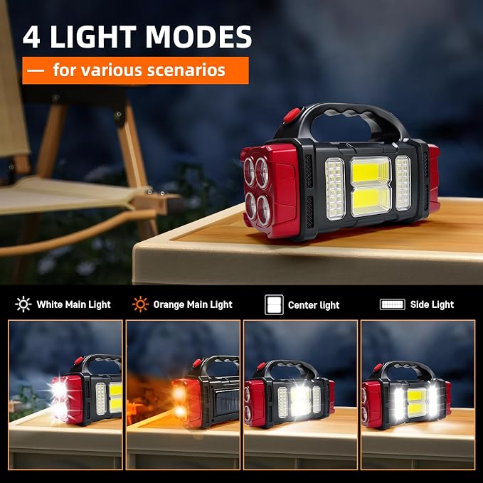 Solar Handheld Flashlight, 4 Lighting Modes Rechargeable LED Work Light, USB-C & Solar Powered Portable Lantern,Emergency Camping Light for Outdoor, Hiking, Power Outage (Silver-1pcs)