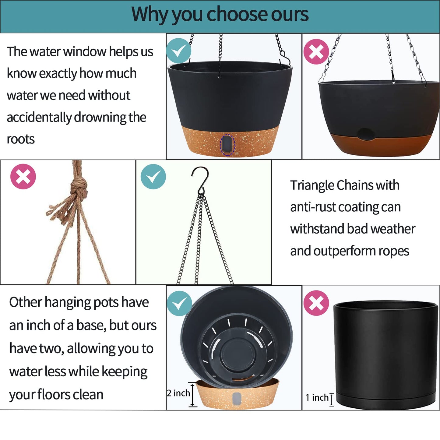 WIZROL 2 Pack Hanging Planters for Indoor Outdoor Plants, 10 Inch Hanging Flower Pot Basket with Drainage Hole with Removable Tray&Hooks Self Watering Plant Pot for Hanging Plants, Dark Grey