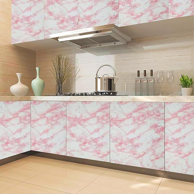 practicalWs 15.7in x 472.4in White/Pink Marble Stick Paper Peel and Stick