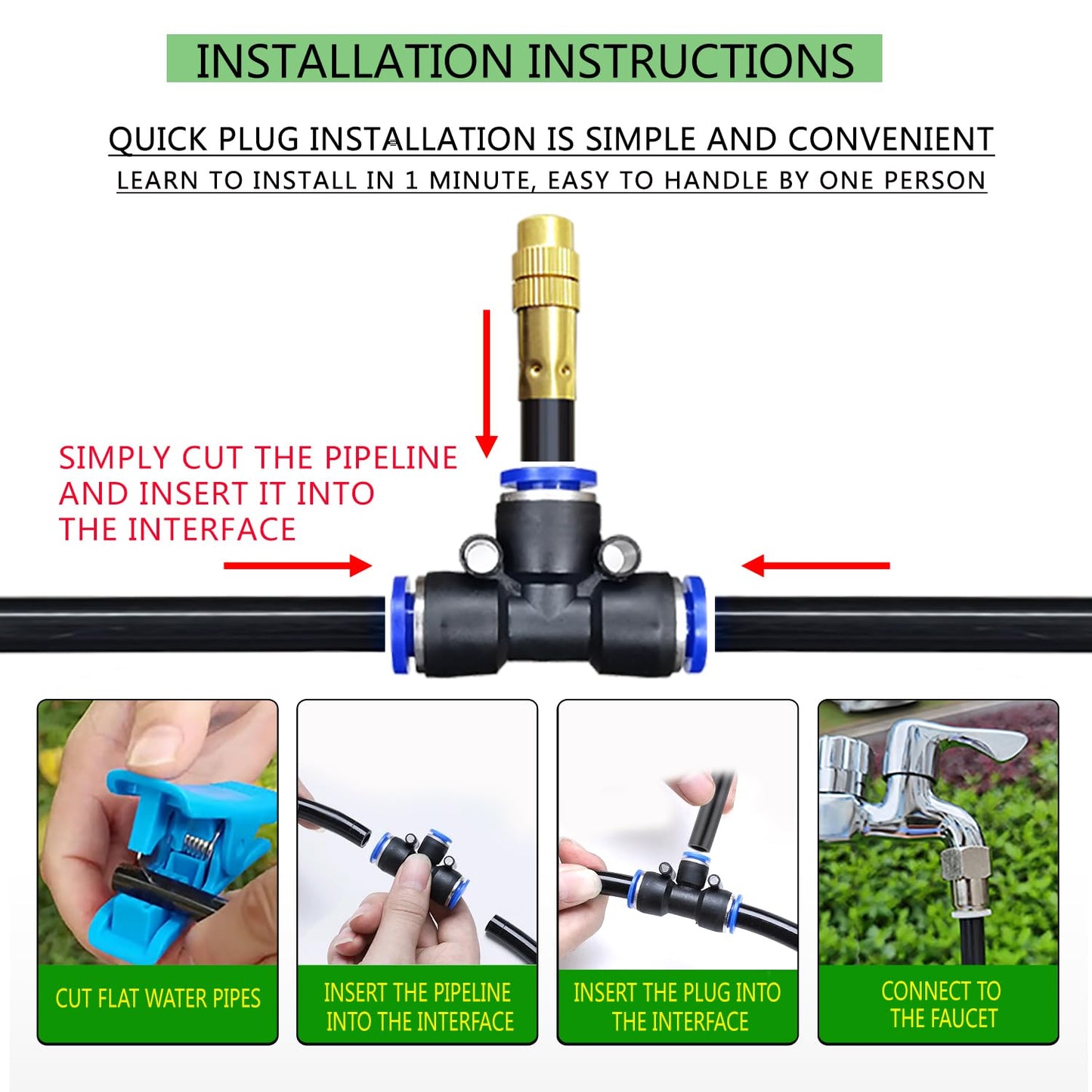65Ft 12mm Greenhouse Drip Irrigation Kit Automatic Irrigation System 360° Adjustable 20 Brass Spray Nozzles Irrigation Tubing Hose Patio Misting Plant Watering with Blank Distribution Tubing Hose