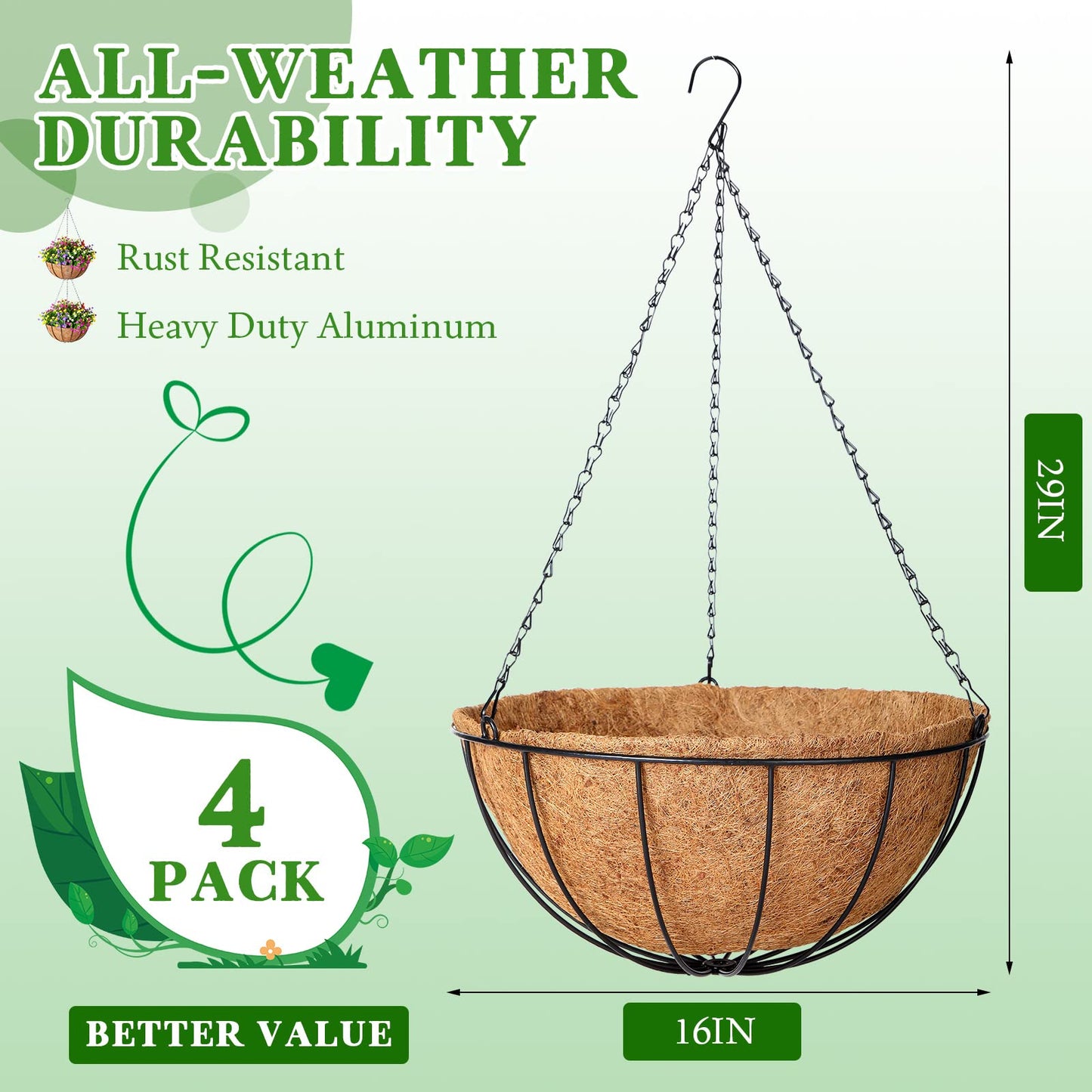 Roowest 4 PCS 16 Inch Metal Hanging Planter Basket Flower Holder Hanging Pots with Coconut Fiber Coir Liners Wire Chain Round Planter Plant Hanger for Indoor Patio Garden Home Balcony Decor