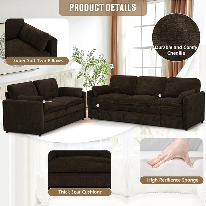 Comfy Chenille Sofa Set with Well-Filled Pillows, Modern 3 Seater and Loveseat