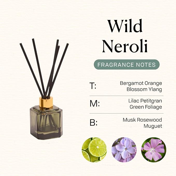 Paddywax Botanica Scented Oil Diffuser with Reeds in Reusable Greeen Glass Bottle, Tubed Gift Box, Includes Diffuser Sticks, Long-Lasting Fragrance, Reusable & Upcyclable, Wild Neroli, 2.8 fl oz