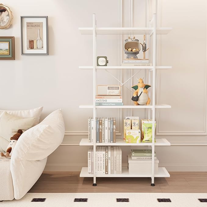 Bookshelf 5 Tiers White Wooden Storage Shelf, Modern Open Display Storage