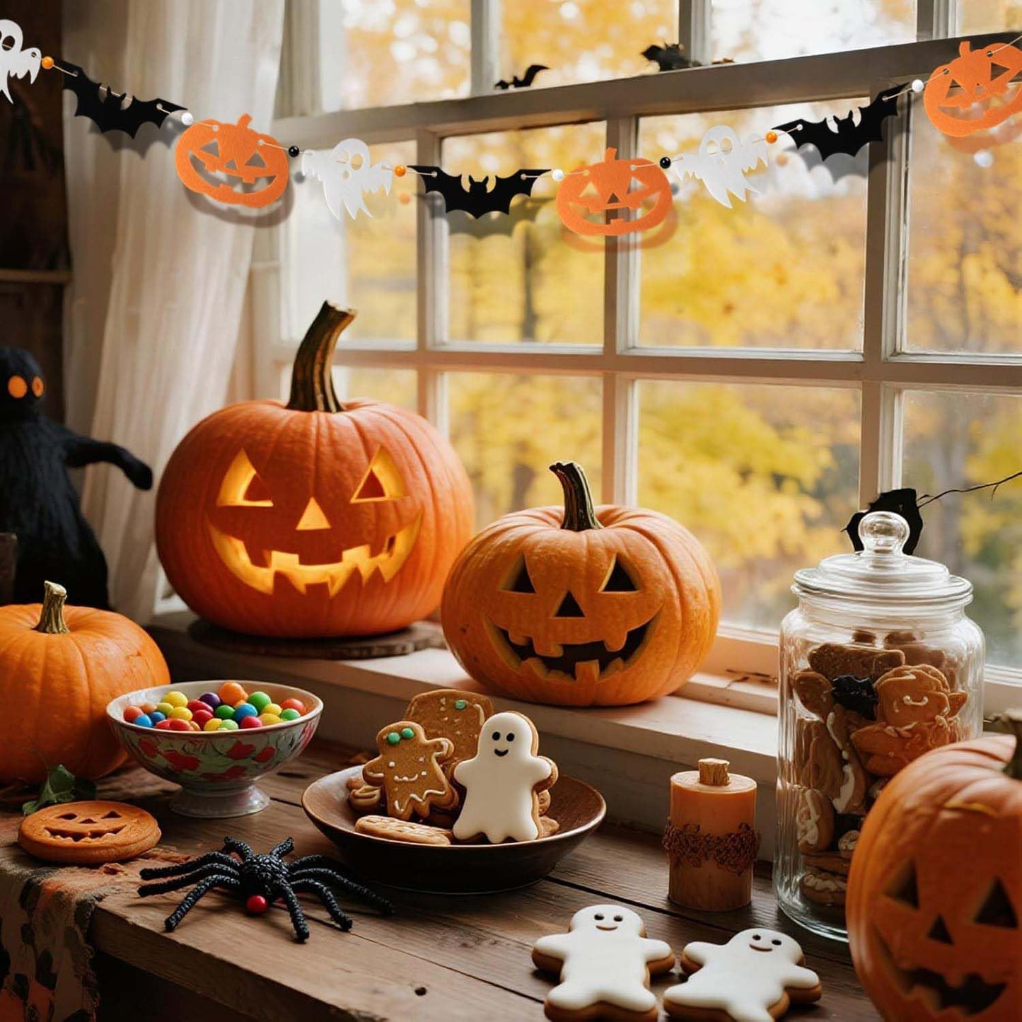 FuSenYuan (Pre-Strung) Halloween Felt Garland Set of 3 Ghost Bat Pumpkin Garland with Wooden Beads Felt Halloween Hanging Garland Banner for Party Mantle Home Wall Decor