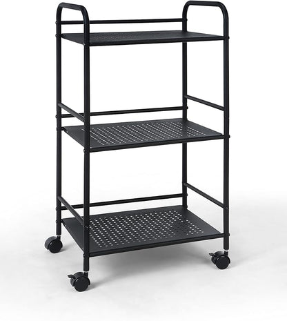 SunnyPoint 3-Tier Rolling Utility Cart – Metal Storage Organizer with Wheels, Mobile Kitchen Cart, Office & Home Organizer, Black, 12" D x 16.92" W x 31.1" H