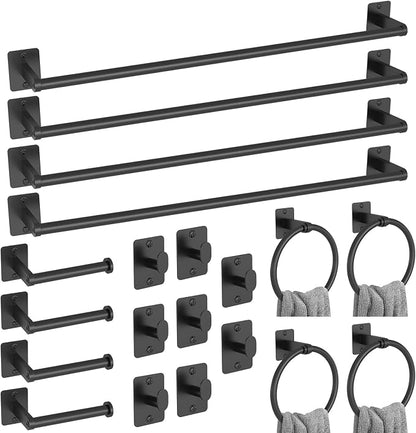 KLJKPA 20 Pieces Bathroom Hardware Set, Black Bathroom Accessories Set, 24 inch Towel Bar, Towel Racks for Bathroom, Robe Towel Hooks, Toilet Paper Holder Wall Mounted