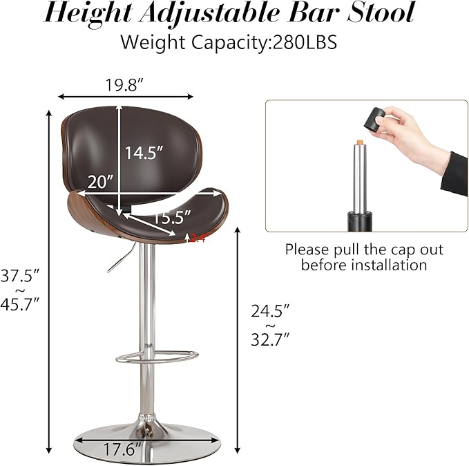 KCC Bar Stools Set of 3, Swivel Adjustable Height Barstools, PU Leather