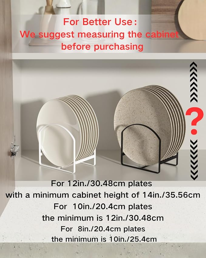 LINFIDITE 2 Pack Kitchen Plate Holder Organizer for Cabinet Space Saver Dinner Plate Storage Rack Upright Dish Drying Racks Metal Dish Stand for Cupboard Countertop Rustproof Black (1 Large 1 Small)